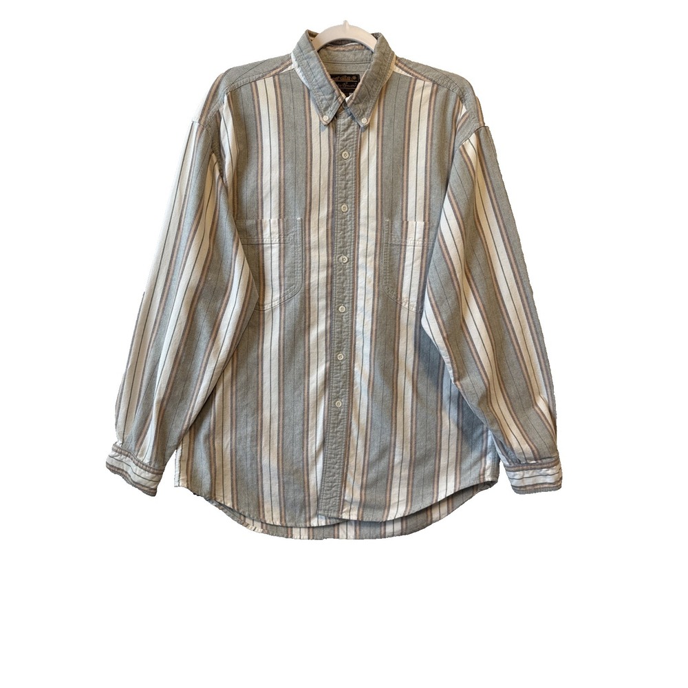 Vtg Eddie Bauer Striped Cotton Twill Button Down Shirt Mens Lg 90s Medium Weight